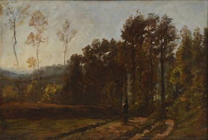 HUET Paul (1803 - 1869) "Chemin vers les étangs, à Chaville" 

Huile sur panneau,...