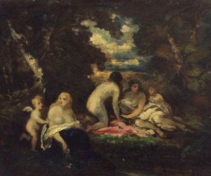 DIAZ de la PENA Narcisse Virgile (1807-1876) "Déjeuner champêtre en forêt" 

Huile...