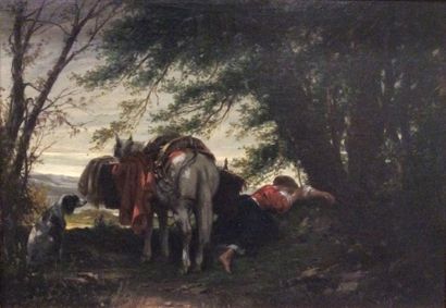 LEGAT Léon (né en 1829) "La sieste en forêt" 

Huile sur toile (rentoilée), signée...