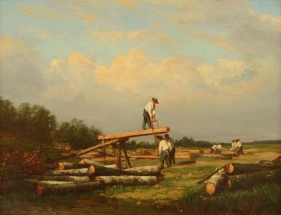VEYRASSAT Jules Jacques (1828-1893) "Coupeurs de bois dans la clairière"

Huile sur...