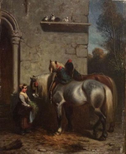 VEYRASSAT Jules Jacques (1828-1893) "Petite fille avoinant les chevaux"

Huile sur...