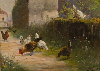 GELIBERT Jules Bertrand (1834-1916) "Poules et coq à la ferme" 

Huile sur panneau...