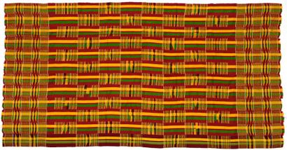 null Kente ou tissage Ashanti, Ghana, bandes de façonnés cousues, rayées rouge, vert...