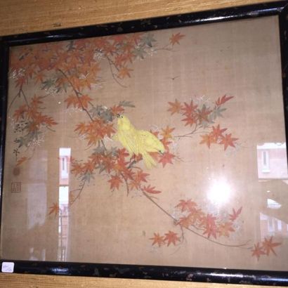 null Ecole chinoise, "Oiseau jaune ", peinture sur toile encadrée sous verre
