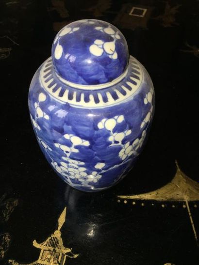 null Potiche en porcelaine à décor de fleurettes blanches sur fond bleu, Chine, XIXe...