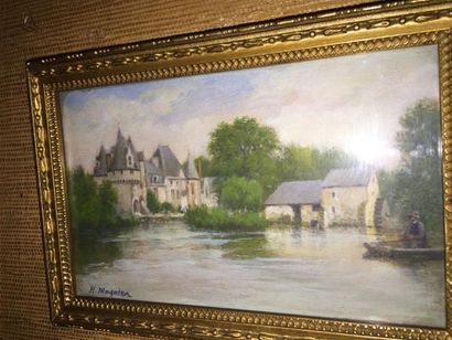null Ecole moderne, "Chateau au bord de l'étang", aquarelle gouachée (sous réserve),...