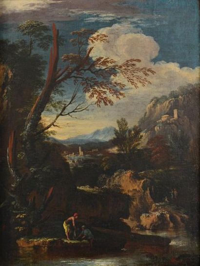 null Ecole de Salvator ROSA (1615-1673) 

"Paysage Animé" 

Huile sur toile (rentoilage),...