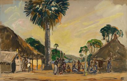 null François GEO (1880-1968) 

"Village africain" 

Gouache, signée, située AEF...