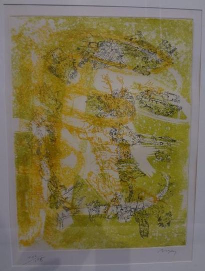 null Camille BRYEN (1907-1977) 

Composition sur fond jaune

Gravure en couleurs,...