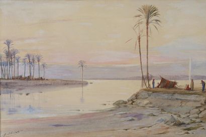 null Marcel BLAIRAT (1849/55-?) 

"Pêcheurs au bord du fleuve" 

Aquarelle orientaliste,...