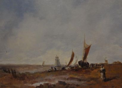 null Pieter Cornelis Chr. DOMMERSEN (1834-1908) 

"Retour de pêche"

Huile sur panneau,...