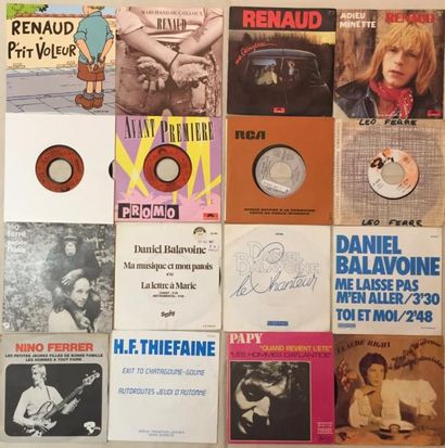 CHANSON FRANCAISE Lot de 73 disques 45 T de chanteurs Français.
VG+ à EX/ VG+ à NM
Set...