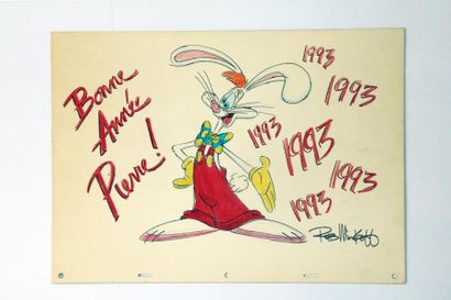 null MINKOFF (Rob) (né en 1962). Roger Rabbit. Carte de Vœux 1993 . Dessin au fusain...