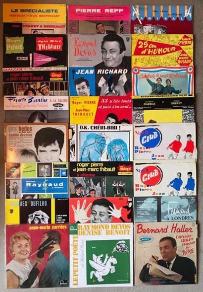  Lot de disques vinyles 45 tours et 33 tours d’humoristes francophones. Lot composé...