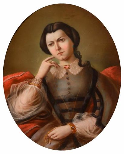 null Ecole française, vers 1860 

"Portrait de Jenny Figuier" 

Pastel de forme ovale,...