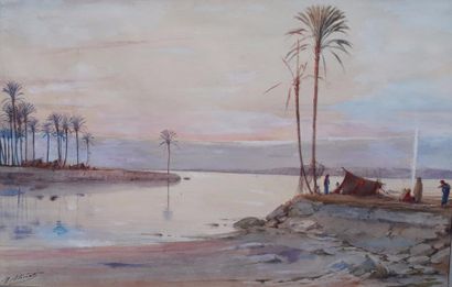 null Marcel BLAIRAT (1849/55-?) 

"Pêcheurs au bord du fleuve" 

Aquarelle orientaliste,...