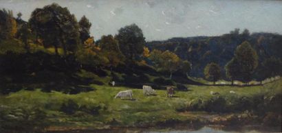null Henri-Joseph HARPIGNIES (1819-1916) 

"Vaches au prè devant un ruisseau" 

Huile...
