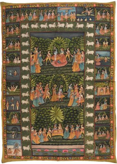 null Pitchwai, Gujarat, Inde, coton peint, Krishna et ses gopis, dans une bordure...