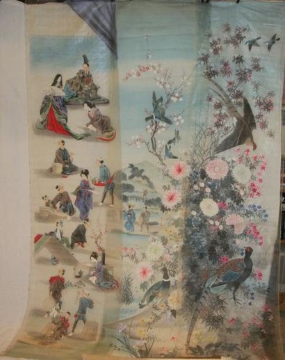 null Trois laizes de gaze peinte, Japon, XIXème siècle, personnages, oiseaux et fleurs.

...