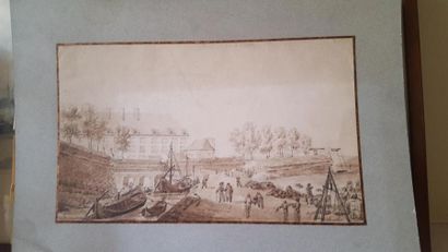  Ecole Française du XIXe siècle "Scène de Port" Dessin à l'encre brune, signé Léonard...