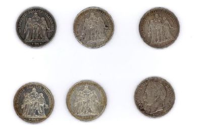 null Six pièces de 5 FF argent, 1848, 1868, 1873 (x2), 1875, 1876. Poids: 148,97...