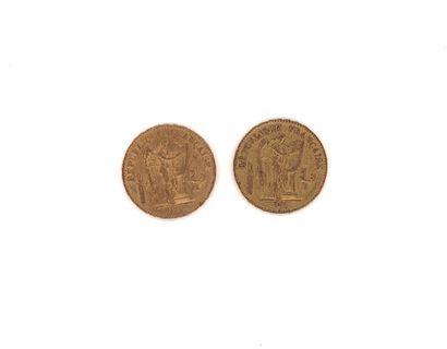 null Deux pièces de 20 FF or, 1848, 1849, poids: 12,86 g (frottée, usées)