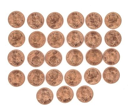null Vingt-sept pièces de 20 F suisses or, 1947, poids: 174,47 g (frottées, usée...