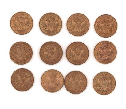 null Douze pièces de 10 dollars or, 1880, 1881 (x2), 1882 (x3), 1885, 1886 (x2),...