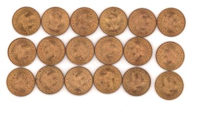 null Dix-huit pièces de 10 dollars or, 1903 (x12), 1904 (x4), 1905 et 1906, poids:...