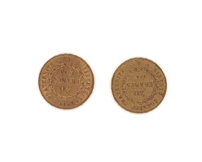 null Deux pièces de 20 FF or, 1848, 1849, poids: 12,86 g (frottée, usées)