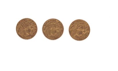 null Trois pièces de 20 FF or, 1850, 1851 (x2), poids: 19,27 g (frottées, usées)