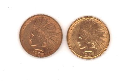 null Deux pièces de 10 dollars or "Tête d'indien", 1907 et 1908, poids: 33,52 g (frottées,...