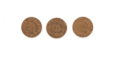null Trois pièces de 20 FF or, 1850, 1851 (x2), poids: 19,27 g (frottées, usées)