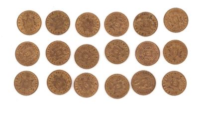null Dix-huit pièces de 20 FF or, 1863 (x3), 1864 (x2), 1865 (x4), 1866 (x3), 1868...