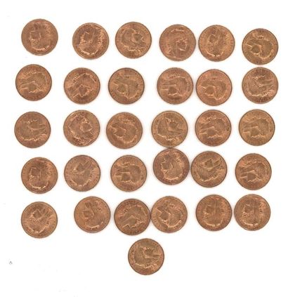 null Trente-et-une pièces de 20 FF or, 1899, 1902, 1903, 1904 (x5), 1905 (x9), 1907...