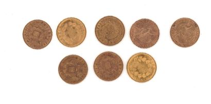 null Huit pièces de 20 FF or, 1858, 1859 (x2), 1861, 1862, 1865, 1906, 1910, poids:...