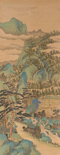 null Peinture polychrome sur soie représentant un hôtel dans un paysage montagneux....