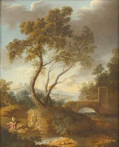 null DROUAIS Hubert (La Roque 1699 – Paris 1767) 

" Paysage à la rivière et au flûtiste"...