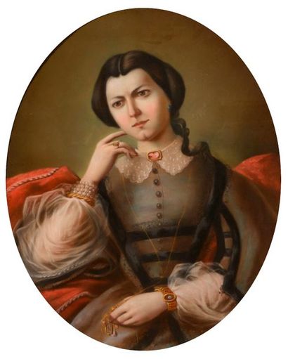 null Ecole française vers 1860 

"Portrait de Jenny Figuier" 

Pastel de forme ovale,...