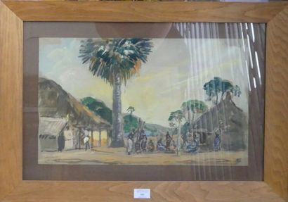 null François GEO (1880-1968) 

"Village africain" 

Gouache, signée, située AEF...