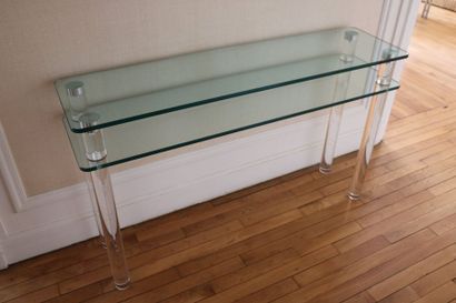  Console verre et plexiglas, 
Circa 1980 
77,5 x 130 x 35 cm