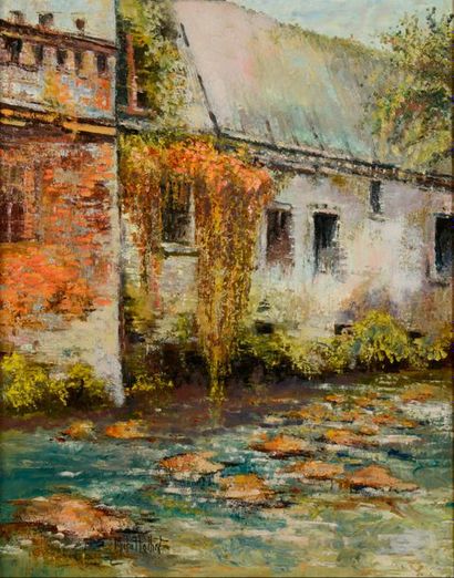 null Michel FOLLIOT (XX-XXI) "Maison au bord de l'eau" Huile sur toile, signée en...