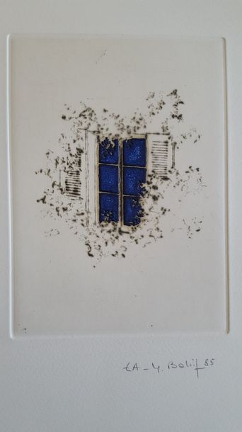 null Yannick BALLIF (1927-2009) "Fenêtre Bleue", gravure au sucre sur plaque de cuivre,...