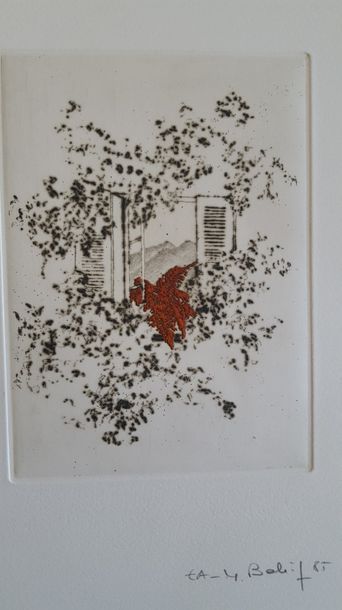 null Yannick BALLIF (1927-2009) "Fenêtre Rouge", gravure au sucre sur plaque de cuivre,...
