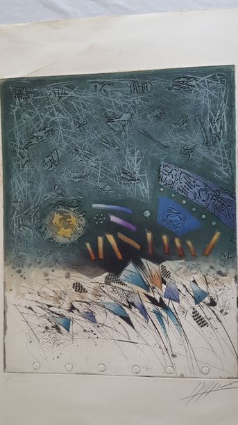 null Georges DUSSAU (1947) "Essai", gravure, signée en bas à droite , 53x42cm, timbre...