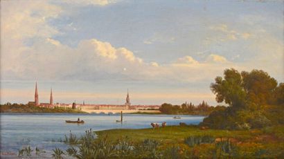 null Ferdinand DUBOC (1813-1869) 

"Ville au bord de l'eau" 

Huile sur toile, signée...