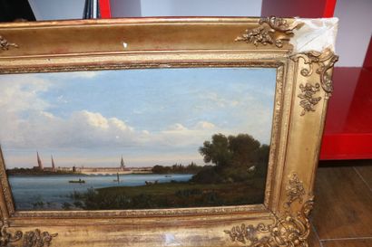 null Camille FLERS (1802-1868) 

"Paysage lacustre animé" 

Paire d'huiles sur toile...