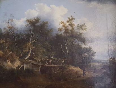 null Camille FLERS (1802-1868) 

"Paysage lacustre animé" 

Paire d'huiles sur toile...