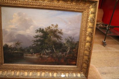 null Camille FLERS (1802-1868) 

"Paysage lacustre animé" 

Paire d'huiles sur toile...