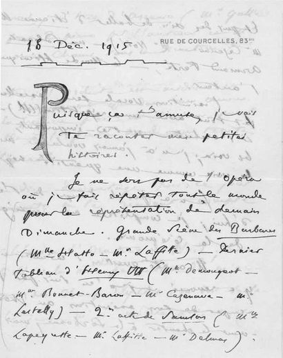 null Camille SAINT-SAENS

Lettre autographe signée.

18 décembre 1912. 3 pp., en-tête...